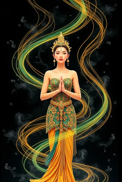 Masterpiece, thin line drawing neon a thai art pattern abstract image on a black background, using yellow, green, orange, and gold, add gold thai beautiful female with coloful ornate thai silk strapless armor, parying to the viwer with nano swirly liquid,w...