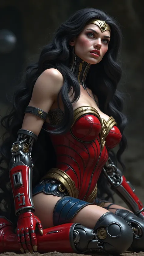 (((Wonder Womans perfect face ))),(((Cyberdyne Systems T-800 Model 101 is a female android or robot))),((( With long black hair with cybernetic hydraulic parts on his body))),(((Robotic arms and legs))),(((Fluorescent electrical wires and parts on your bod...