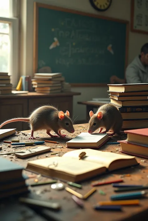 Close up and image , in a cluttered classroom , on a book table - books and tools strewn , two rats walk on the table