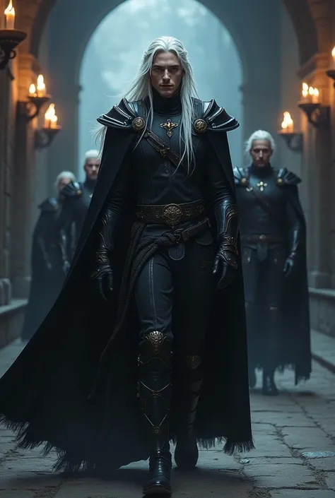  Create a beautiful prince from hell , high,  long, white hair held in a half braid , ojos azules claros,  dressed in a black combat outfit, leather shoulder pads and a black cape ,  that is walking in front of a corridor with stone walls with torches and ...