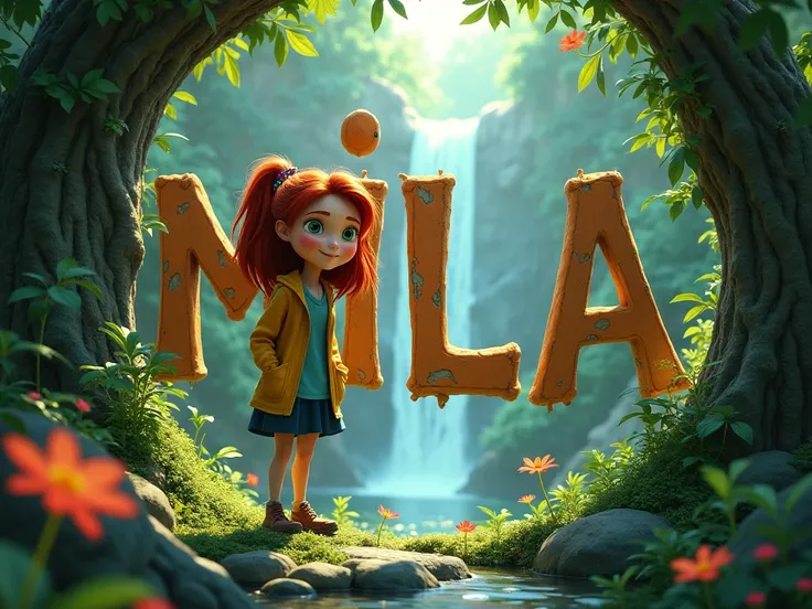  Create a poster style Disney 4d ultra réaliste et détaillé. with textured letter-by-letter writing  " MILA  " En FRANÇAIS ET EN majuscule.  
 Theme KROKMOU et nature 