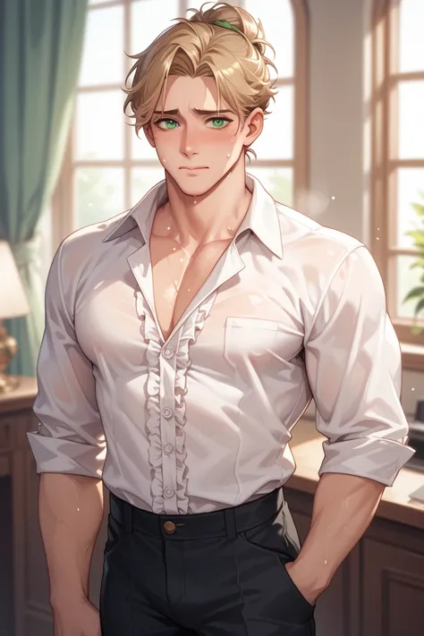  A nervous boy with long hair up to the neck ,  in pink color with pastel green tips and green eyes .  He is standing in front of the camera with a nervous expression , sweating slightly .  He wears a long-sleeved Victorian shirt with a V-neck ,  folds in ...