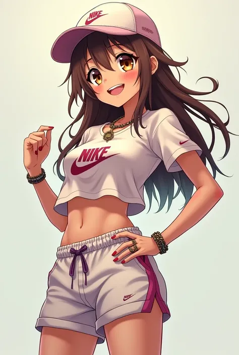 Create an anime character with Nike cap Nike shirt Nike shorts Nike jewelry brown eyes and messy straight hair
Its a  and its smiling