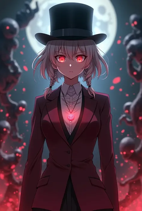 Screenshot os Boku no Hero academia, A young woman with an angelic face, short bobbed hair with braids, and glowing red eyes. She wears a deep wine-colored blazer, a white shirt, and a black top hat. Spirits gather around her, drawn to a bloodstained neckl...