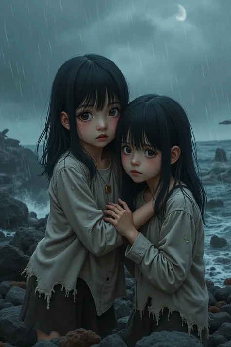 Young girls asian,ghibli, background sea, crash plane, crying, burnt torn clothes, dark sky, rainy, 