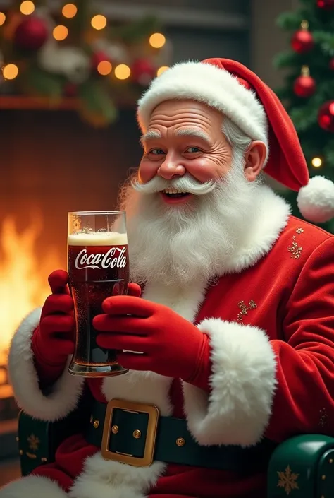 Santa Claus smiles and holds a glass of coca cola
