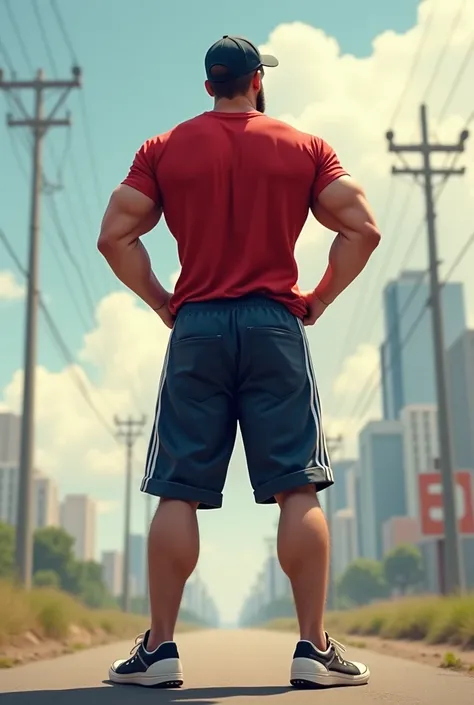  
Muscular man wearing a shirt with long Looseshorts Long loose shorts With With white stripes on the sides with converse sneakers red T-shirt Loose and Dark Blue dark blue shorts Baggy short, Normal musculature With beard and baseball cap Realistic muscul...