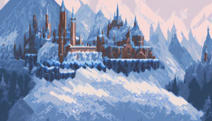 (work of art, best qualityer:1.2), pixel art, snowy terrestrial space ，Castle in the snowy mountain, ice castle