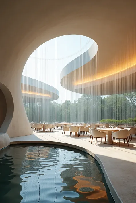 "A modern dining hall inspired by the elegance of a water droplet, featuring smooth, curved architecture and reflective surfaces. The ceiling mimics the contours of a droplet, with cascading light fixtures resembling falling water. The walls are made of sl...