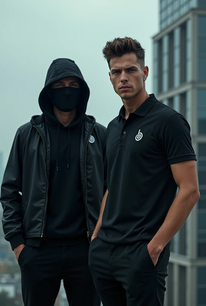  Create an image of Alan Walker with his hood and his black mask and on his t-shirt the mark of w with Martin Garrix who has a polo with his symbol that is +_× black polo shirt that these two characters are on top of a building 