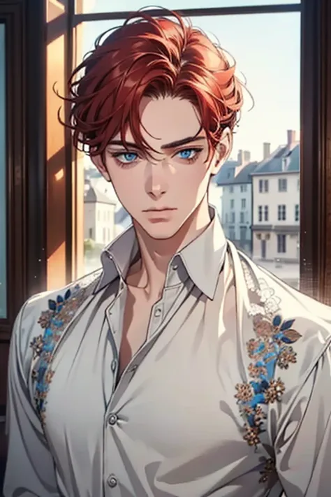 1 man, Realistic, master-piece, bestquality, Beautiful, detailed eyes and detailed faces.,natural light, European retro, White shirt, lace, Long dark grey red hair, blue grey eyes, attractive, depressed, Decorative flowers, sunbeam, 31 years.