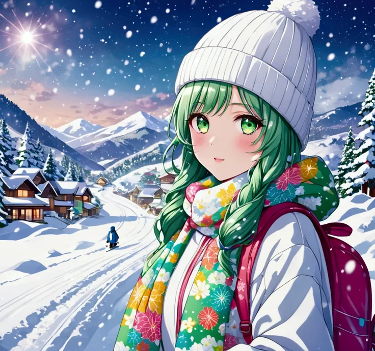 Ski Resort、 SNOWBOARD、White knit hat、20th Generation、Beautiful、Eye color、green、Glamour、Snowwear、 Japanese、 glitter、Colorful clothes、 snowman、Snowstorm