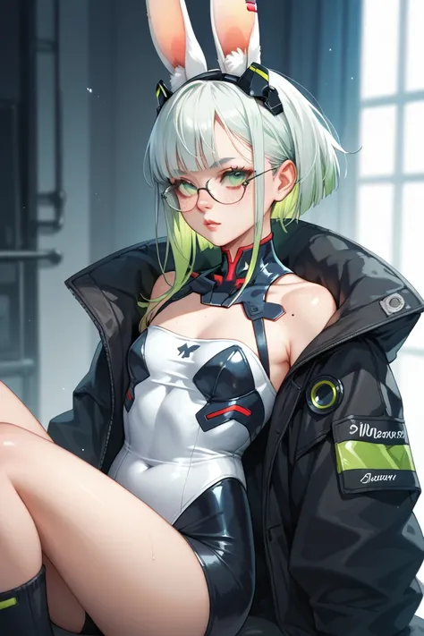 An adult hybrid rabbit, pale skin with freckles, Gray green eyes, with white rabbit ears,  messy white hair with light green highlights, No human ears, herself wearing glasses. she has a small chest, Wears tight black Cyberpunk costumes covered by a big bl...