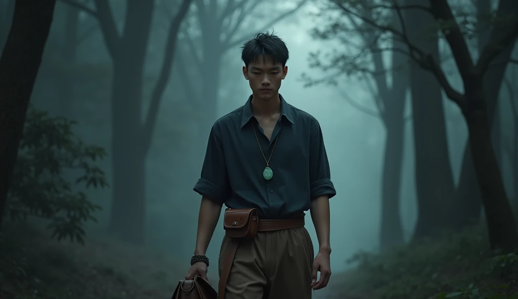 Khang is a 25-year-old Chinese man, with a tall, lean physique. He wears a fitted dark blue shirt and brown practical trousers, a simple leather belt holding a small pouch. He also wears a plain jade pendant around his neck. His black hair is short, styled...