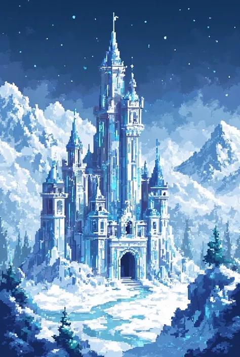 (work of art, best qualityer:1.2), pixel art, snowy terrestrial space ，Castle in the snowy mountain, ice castle