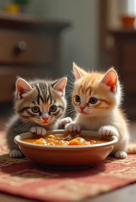 (photorealism:1.2) two kitten eating a soup they find a kitten in their soup

