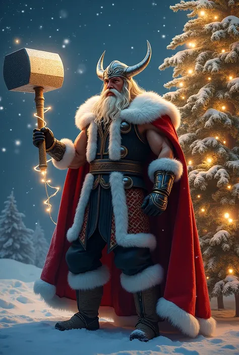 Thor holding Mjolnir wrapped in glowing festive lights, wearing a Viking-style Santa outfit with fur trimmings, standing beside a decorated Yule tree under a starry winter sky.