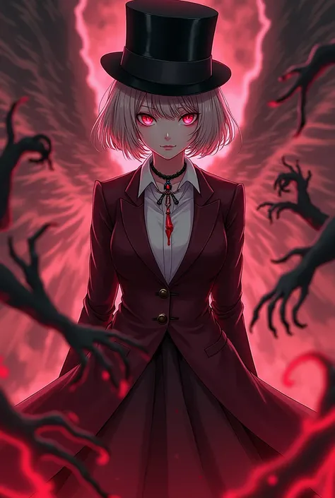 Screenshot os Boku no Hero academia, A young woman with an angelic face, short bobbed hair with braids, glowing red eyes. a deep wine-colored blazer and skirt, a white shirt, a black top hat. Spirits gather around her, bloodstained necklace, Full body