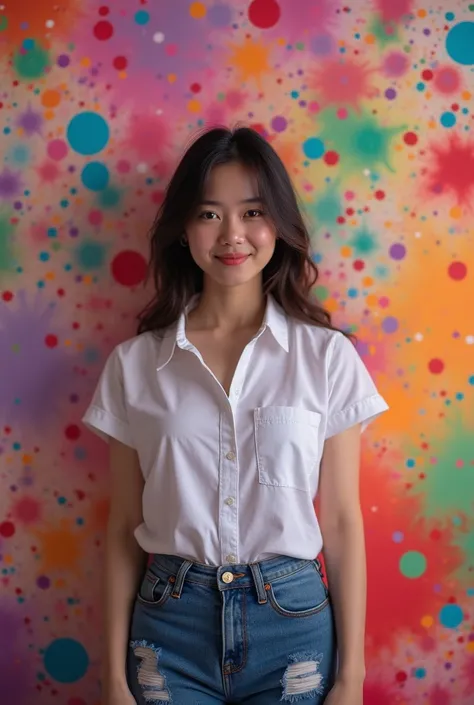 Describe a realistic photo, naturalism, of a woman aged 25, with a round face, smooth white Thai skin, wearing a white button-up shirt and ripped tight jeans, playing with rainbow colors in a room while smiling sweetly and looking at the camera, the backgr...