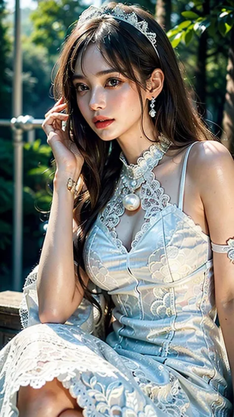 8k, masterpiece, 1 girl, beautiful face, white skin, very long hair, light makeup, detailed eyes, detailed lips, firm breasts, realistic detailed, very detailed dress, princess dress, (pearl dress:1.2), (wearing jewellery:1.5), (lace:1.4), at the stage bac...