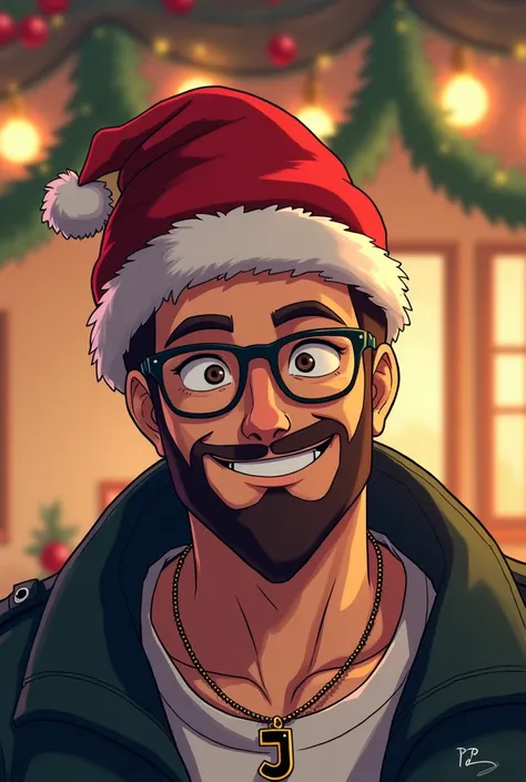 anime style, a man with a square face ,  who has a beard who has glasses and a necklace with a small J, also a Christmas hat with a Christmas background 