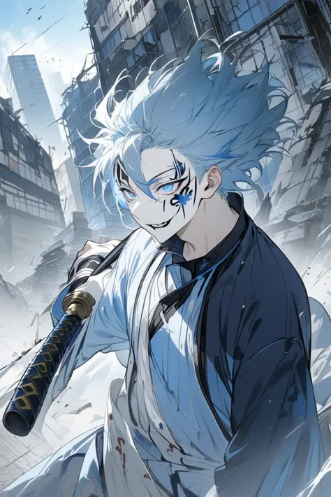  male character, light blue white hair, long light blue eyes combined with blue, and wearing a male Japanese schoolboy shirt. black end looking ahead holding black katana sword making shocking face painting ,Collapsed building background , 