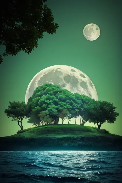 Draw a full moon on the green background 、 place a transparent cylindrical aquarium 、 there is a big tree and a house built on it 。 and 、 there is a small island floating on the surface of the water 。 on the background 、 draw a scene where a big fish is sw...