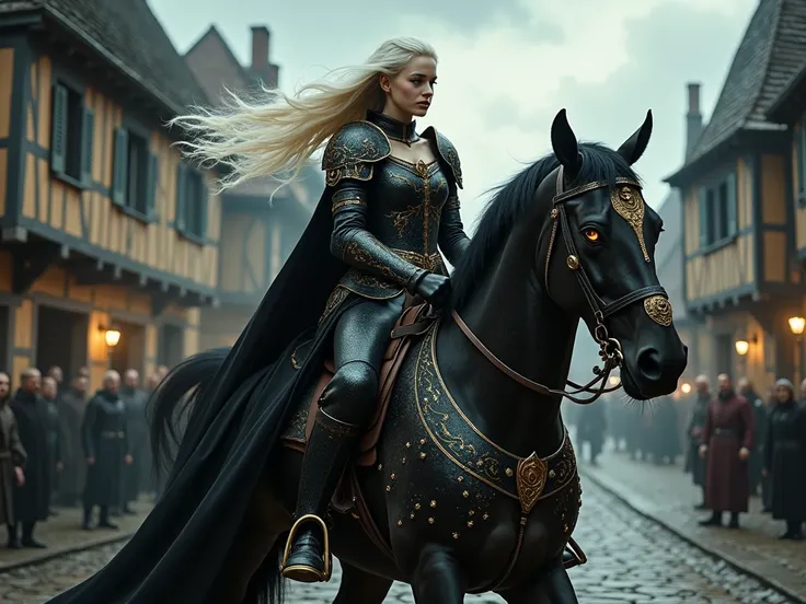 “A divinely beautiful young woman with pale skin and long, almost white blonde hair flowing in the wind, riding a massive warhorse through the cobblestone streets of a medieval city. Her glowing golden eyes exude an otherworldly presence, and she is clad i...