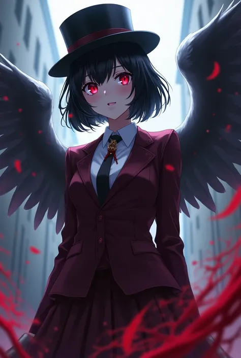 Anime episode screenshot of My Hero academia, A young woman with an angelic face, short bobbed black hair with braids, glowing red eyes. a deep wine-colored blazer and skirt, a white shirt, a black top hat. Spirits gather around her, bloodstained necklace,...