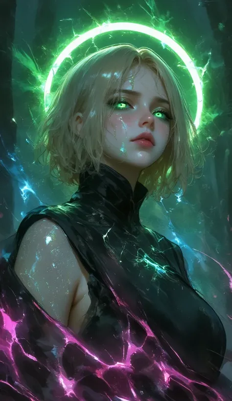 A mesmerizing scene unfolds as an ethereal, albino woman warrior emerges gracefully from a digital, particle-saturated environment filled with swirling mist and luminescent colors. She strikes an artistic pose, exuding powerful sensuality and confidence, h...