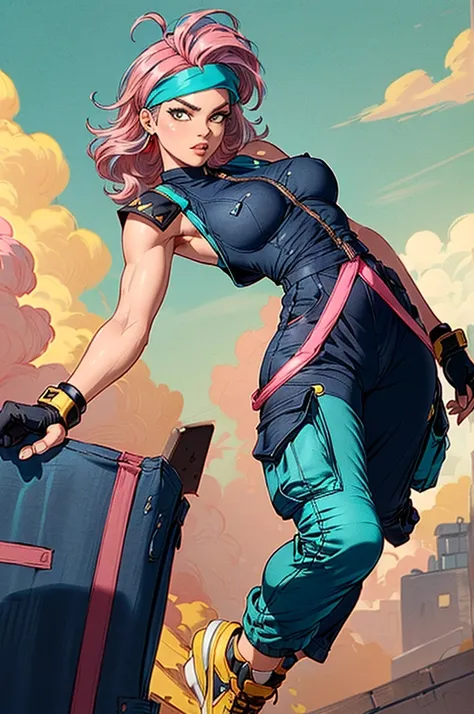 An accurate and detailed full body shot of a young adult female character named Bulmei, (Medium-length pastel pink hair:1.2), (pink hair with turquoise highlights:1.5), wavy and unruly hair, (red headband goggles:1.3), (streamlined steampunk aesthetic gogg...