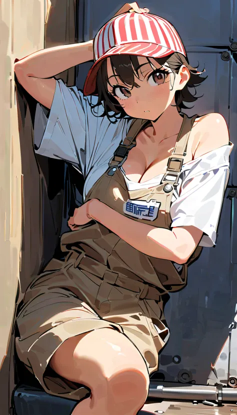 Khaki overalls, red patch, (Leaning against wall, sitting with one leg up: 1.3), automobile factory, cropped short hair, droopy eyes, front parted hair, (striped baseball cap: 1.2), (back of brim: 1.2), masterpiece, name tag, sexy pose, wrench in one hand,...