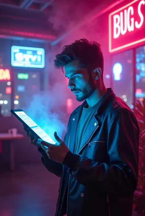 A futuristic cyberpunk-themed restaurant setting with neon lights in shades of purple, blue, and pink. A customer holding a glowing holographic phone displaying an outdated PDF menu, with distorted and unreadable text. The customer looks frustrated and sur...