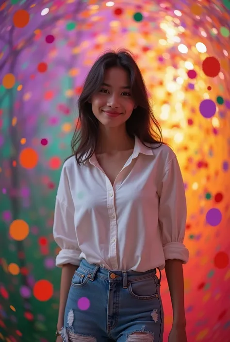 Describe a realistic photo, naturalism, of a woman aged 25, with a round face, smooth white Thai skin, wearing a white button-up shirt and ripped tight jeans, playing with rainbow colors in a room while smiling sweetly and looking at the camera, the backgr...