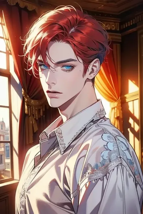 1 man, Realistic, master-piece, bestquality, Beautiful, detailed eyes and detailed faces.,natural light, European retro, White shirt, lace, Long dark grey red hair, blue grey eyes, attractive, depressed, Decorative flowers, sunbeam, 31 years.