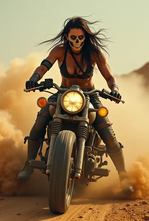 a dirt road, skull face painting, character from Mad Max movie, realistic female faces, movie cgi, Fortnite character, ((skull)), award winning photo, skull as, tarot card chariot, muscular ultra-violent female warrior inspired by Irvin Bomb, high-speed fi...