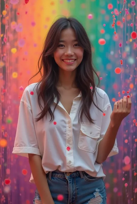 Describe a realistic photo, naturalism, of a woman aged 25, with a round face, smooth white Thai skin, wearing a white button-up shirt and ripped tight jeans, playing with rainbow colors in a room while smiling sweetly and looking at the camera, the backgr...