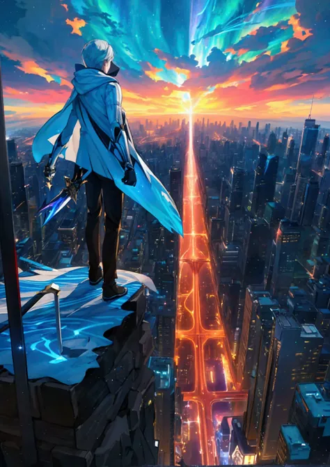 Above the Skyscraper 、Top of the Skyscrapers  、In the sky、 jump、Night sky city  、 Above the Skyscraper 、Alone、 **** young man accompanied by ,arms(With a long sword),brilliance -v1 、  wears white cloak  、 shorthair、Silvery white hair, Dark Eyes, auroras sh...