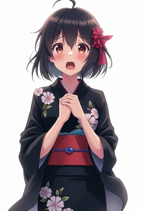 Anime adolescent woman with black yukata with flowers and getas and with pink nails and standing on her full body white background with her fists on her chest and with emotions of worry and fear and sadness and pleas and with tears and open her mouth and f...