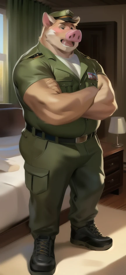 Solo, male Tall​l, huge body,​ Standing , bedroom,big pig .,Green military sergeant , Wear combat shoes, overweight, muscular, Sexual​ Emotions​, by chunie