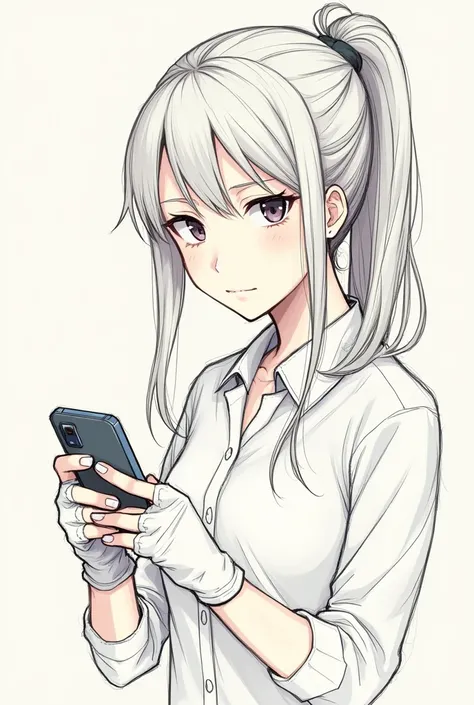 a beautiful girl with ponytail is holding a phone, She is wearing a shirt and has a serious expression. She is wearing a fingerless gloves on both of her hands.a sketch style. Anime sketch style.