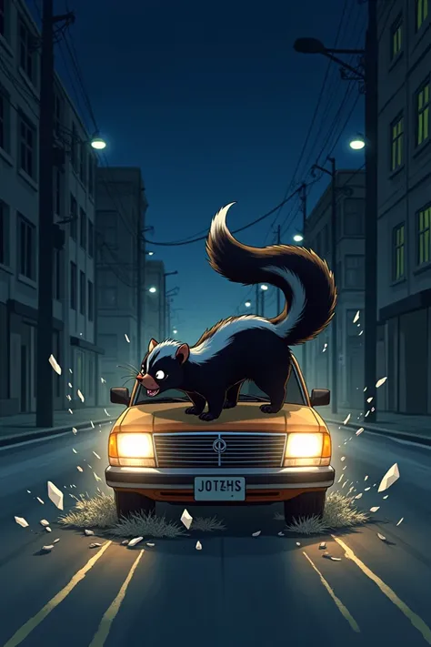 Anime, a Skunk getting hit by a car at night 