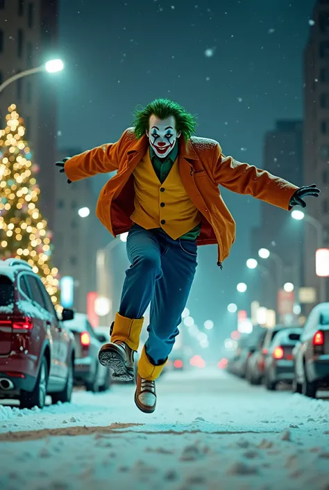 A dynamic, full shot of a clown-like figure, likely inspired by the Joker character, leaping or falling through a snowy city street at night. 


The figure is mid-air, with exaggerated movement, one leg high and the other trailing toward the ground, appear...