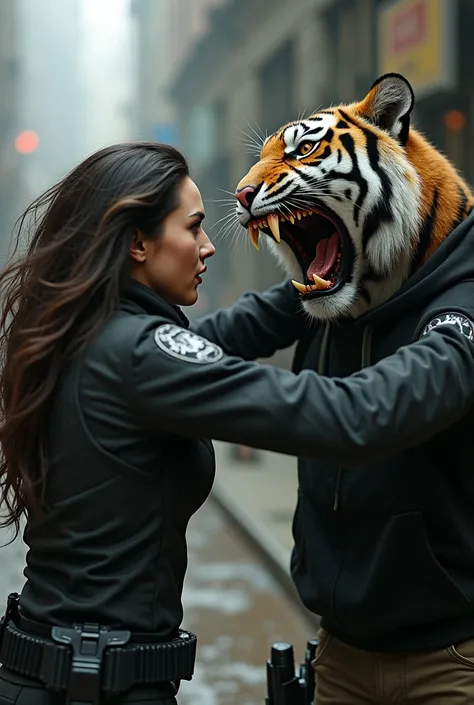 Hight resolution, Realistic, A Very beautiful woman, woman special forces, cut throat a male, male face tiger very furry, neck bloody splash, neck slashed, throat contents, neck wide open at the cut, male hoodie, male die, woman knife, woman very thick hai...