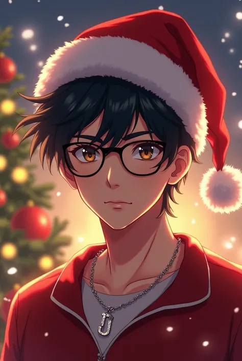 Anime style of a young man with a white complexion. It has definite features and a confident expression., with a serene and decisive look .  He wears elegant glasses and a small silver necklace with a J shaped pendant . In his head,  wears a red Christmas ...