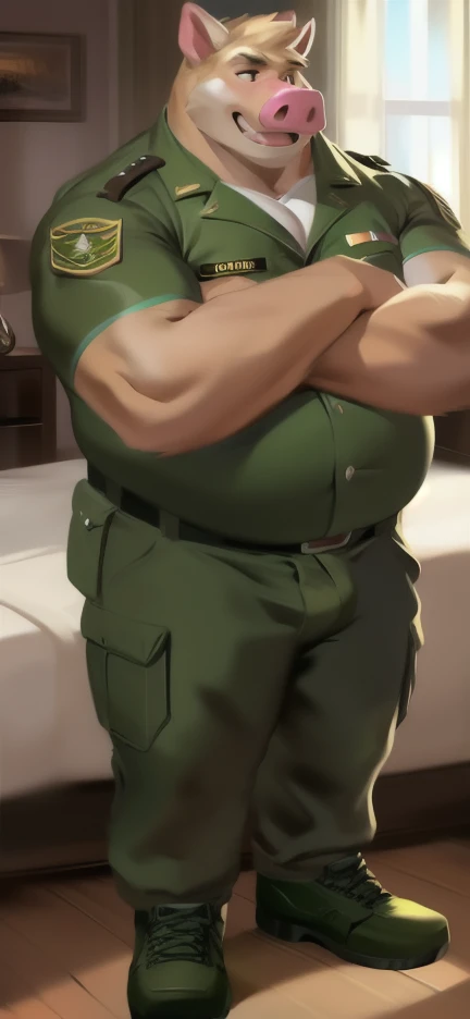 Solo, male Tall​l, huge body,​ Standing , bedroom,big pig .,Green military sergeant , Wear combat shoes, overweight, muscular, Sexual​ Emotions​, by chunie