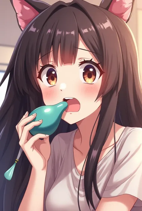 Anime girl sucking a long dildo as it squirts liquid. Licking the penis shaped dildo, skin colored, inside of her mouth, shocked expression 