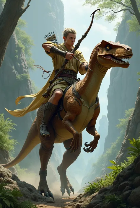 Male Elf with a bow riding a velociraptor 