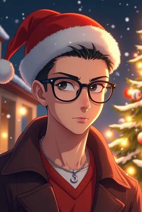 Anime style of a young man with a white complexion. It has definite features and a confident expression., with a serene and decisive look . Her hair is short, shaved on the sides and with a little longer on the top.  He wears elegant glasses and a small si...