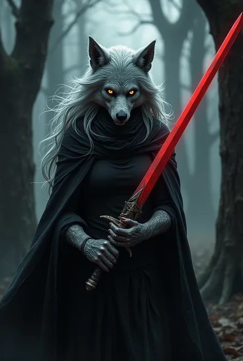  gray hair ,  black bridge , Black Cloak, Werewolf,  shiny yellow eyes , Dark red sword ,  scar on one eye ,  standing between trees, female